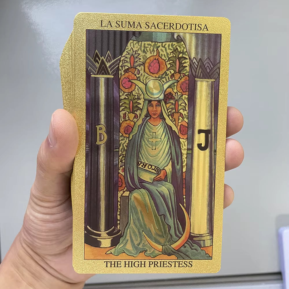 Spanish & English Golden Foil Tarot Cards – 78-Card Divination Deck with Bilingual Guidebook (12 × 7 cm)