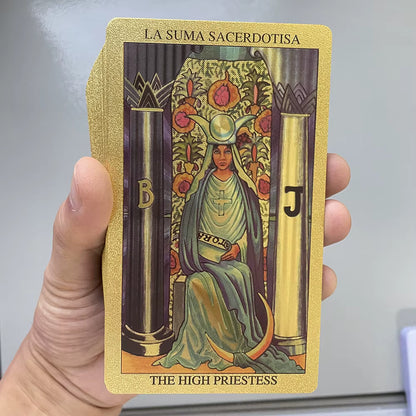 Spanish & English Golden Foil Tarot Cards – 78-Card Divination Deck with Bilingual Guidebook (12 × 7 cm)