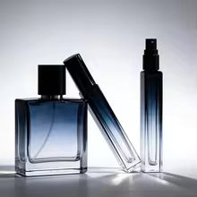 Gradient Blue Glass Perfume Bottle Set – 50ml Refillable Spray Bottle with 10ml Travel Atomizer