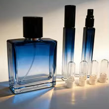 Gradient Blue Glass Perfume Bottle Set – 50ml Refillable Spray Bottle with 10ml Travel Atomizer