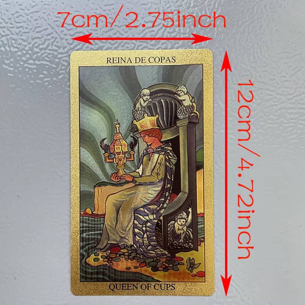 Spanish & English Golden Foil Tarot Cards – 78-Card Divination Deck with Bilingual Guidebook (12 × 7 cm)