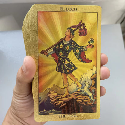 Spanish & English Golden Foil Tarot Cards – 78-Card Divination Deck with Bilingual Guidebook (12 × 7 cm)