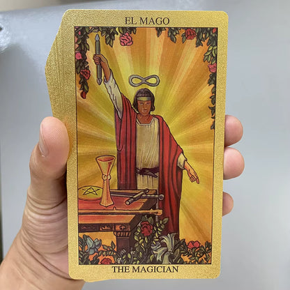 Spanish & English Golden Foil Tarot Cards – 78-Card Divination Deck with Bilingual Guidebook (12 × 7 cm)